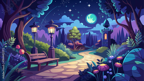 Illustration of a night park with a bench