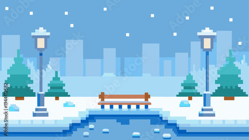 Pixelated winter park scene with bench view