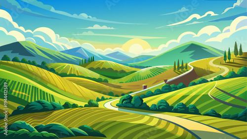 Cartoon landscape with rolling green hills