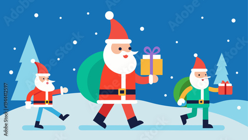 Three santa clauses delivering presents