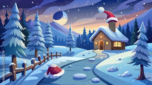 Winter landscape with house and santa hat