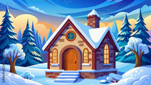Winter cottage in a snowy landscape scene