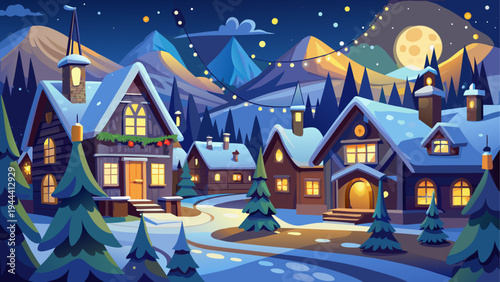 Winter village night scene illustration