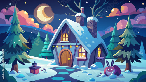 Winter cottage scene with rabbit and moon