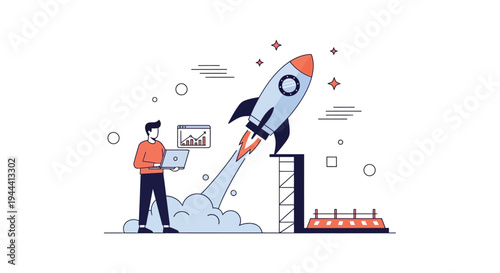 A man observes a rocket launch with data charts symbolizing growth and innovation presented as a silhouette high quality professional detailed