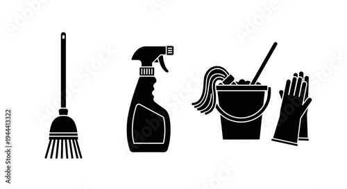 Cleaning tools and supplies icons set.