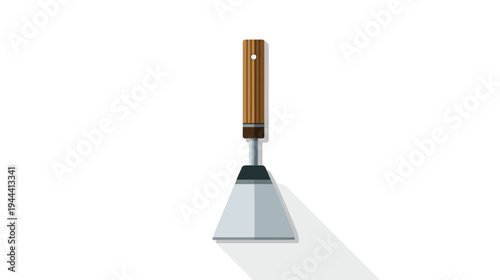 Flat vector illustration of a spatula. It has a wooden handle, and a metal blade