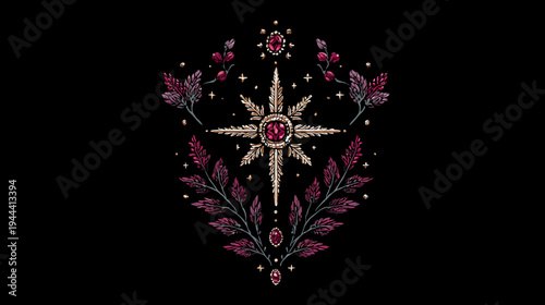 A black backdrop with a floral and star-shaped design with gold and ruby hues