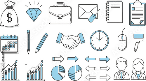 This collection features various business and finance elements including money bags diamonds briefcases calendars handshakes and growth charts hand-drawn vector illustration doodle art