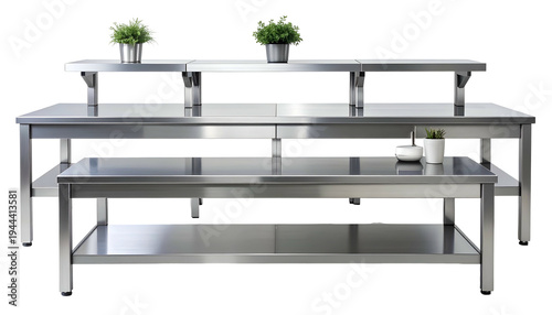Multi-tiered stainless steel display stands with plants and small dish, black bg