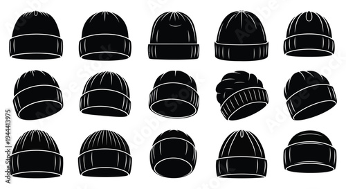 A collection of various black beanies displayed in a grid pattern showcasing different styles a striking silhouette high quality professional