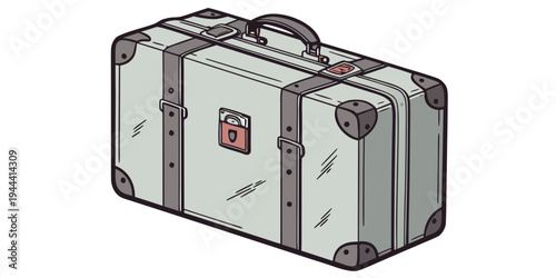Gray vintage suitcase with metal hardware on white background luggage