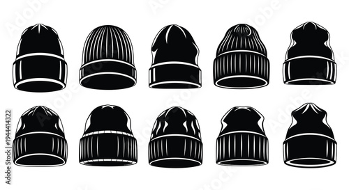 A collection of various black beanies displayed in a grid arrangement showcasing different styles a striking silhouette high quality professional