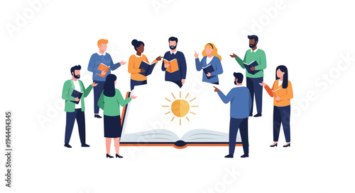 Diverse Group Collaborating Around Open Book with Idea Sun - Knowledge Sharing, Education, Discovery & Teamwork