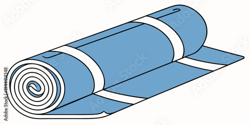 Blue rolled up mat with white straps line isolated white background