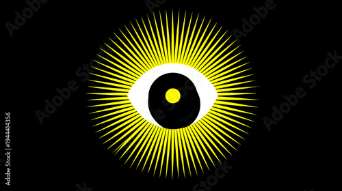 A geometric illustration of an eye. The pupil is black and central, framed by white and a radiating, yellow aura