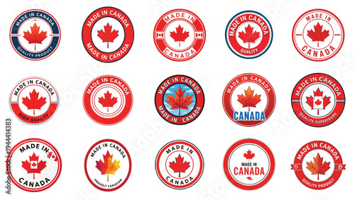 Made in Canada Labels Vector Set: Patriotic Canadian Badges, Stickers, Seals & Icons with Maple Leaf for Product Branding, Quality Certification