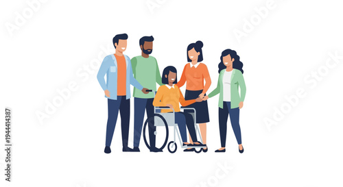 Diverse Group Supporting Woman in Wheelchair: Inclusion, Disability, and Community Care Illustration
