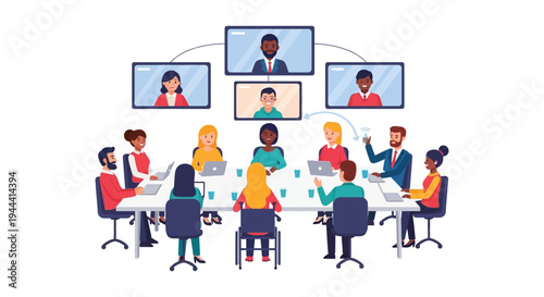 Diverse Business Team Hybrid Meeting: In-Person and Video Conference Collaboration