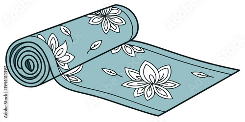 Teal yoga mat with white floral pattern rolled up blue