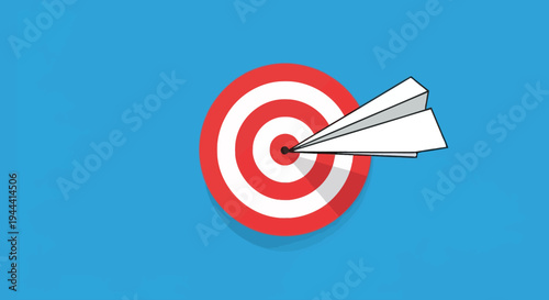 A paper airplane flies toward a vibrant red target with concentric circles representing accuracy and success silhouette high quality professional detailed