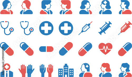 Comprehensive medical and healthcare icon collection featuring doctors, hospitals, stethoscopes, health symbols, medical services, and vector illustrations