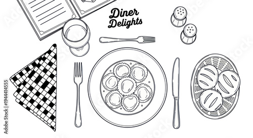 Diner Delights: Hand-Drawn Ravioli Meal Setting with Bread Basket and Condiments