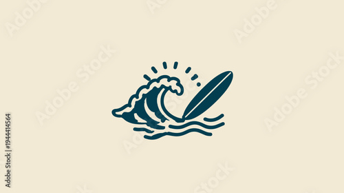 Stylized illustration of surfing, featuring a wave, board, and radiant sun elements