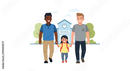 Happy Same-Sex Dads Walking Daughter to School - Diverse LGBTQ+ Family & Education Journey