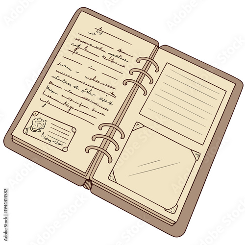 Open brown spiral bound notebook with handwritten notes journal