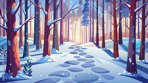 A path through a snowy winter forest scene