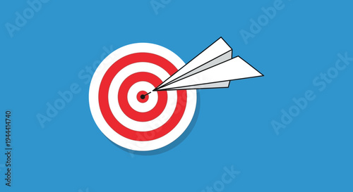 A white paper airplane flies directly into the bullseye of a red and white target on a blue background silhouette
