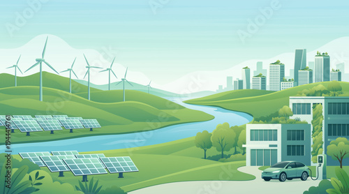 Green Renewable Energy Landscape with Solar Panels and Wind Turbines
