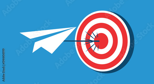 A white paper airplane flies directly towards a red target hitting the bullseye with precision silhouette high quality professional detailed modern