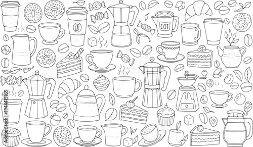 Coffee shop and bakery morning breakfast elements with espresso beans pastries and cafe drinks hand drawn vector illustration doodle art