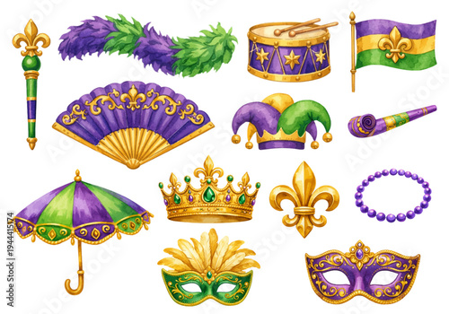 A festive watercolor collection of Mardi Gras carnival elements with masks, crowns, feathers, beads, and parade decorations in purple, green, and gold.
