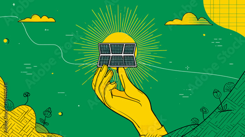 A hand holds a solar panel with rays. The background is green, and yellow details are used
