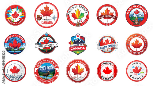 Made in Canada badges set. Canadian maple leaf vector logos collection. Red flag emblem, product manufacturing label, quality stamp, round stickers, patriot symbol, nature icon pack, maple sign.