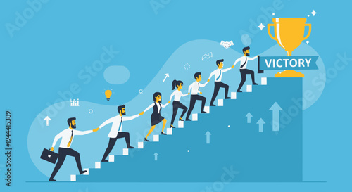 A team of business professionals ascend a staircase toward a golden trophy symbolizing success and victory silhouette high quality professional detailed