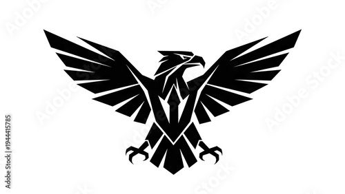 Black eagle symbol with outspread wings against white background