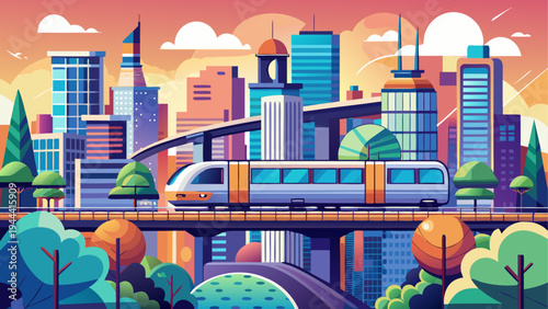 Cityscape with train and modern buildings