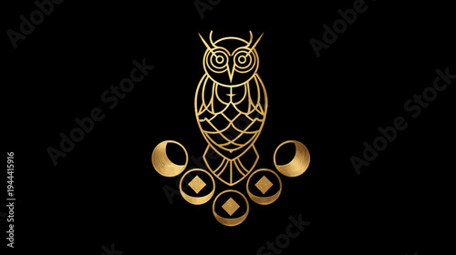 A golden owl illustration, moon and diamond shapes, on a black background, art deco style