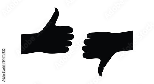 Two hands displaying opposing gestures a thumbs up and a thumbs down presented as a stark silhouette high quality professional detailed modern elegant
