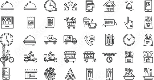 Food delivery line icons, restaurant service symbols, online ordering elements, minimal outline vector set, fast courier meal collection