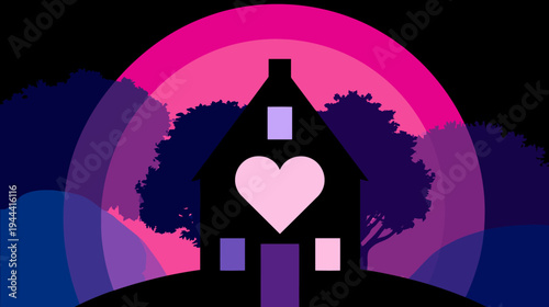 Silhouette house with a heart on a gradient background with trees and a rainbow
