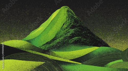 Abstract, stylized landscape featuring a mountain, fields, and a starry night in green and black hues