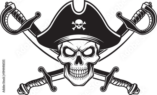Angry pirate skull wearing captain hat with crossbones icon and crossed sabers, black and white vector illustration for nautical tattoo and logo,