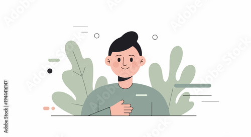 A cheerful person with dark hair smiles behind leafy green plants