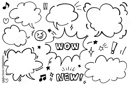 漫画のような手書きの吹き出しと漫符のあしらい。楽しい、嬉しい感情を表すポップなデザイン。