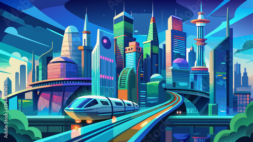 Futuristic city skyline with train track